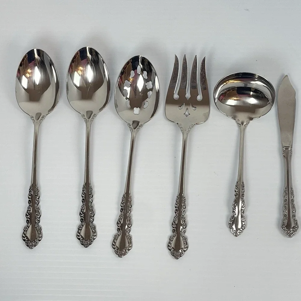 Oneida SHELLEY Cube Stainless Steel Flatware Floral Lot 6 Serving Fork Spoons